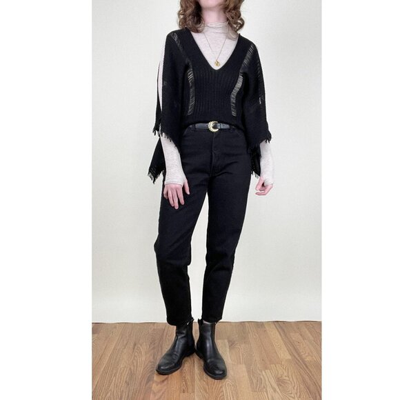 Vintage 90s Y2K French Open Knit Poncho Cape Sweater Boho Blouse Fringe Bohemian - Picture 11 of 11